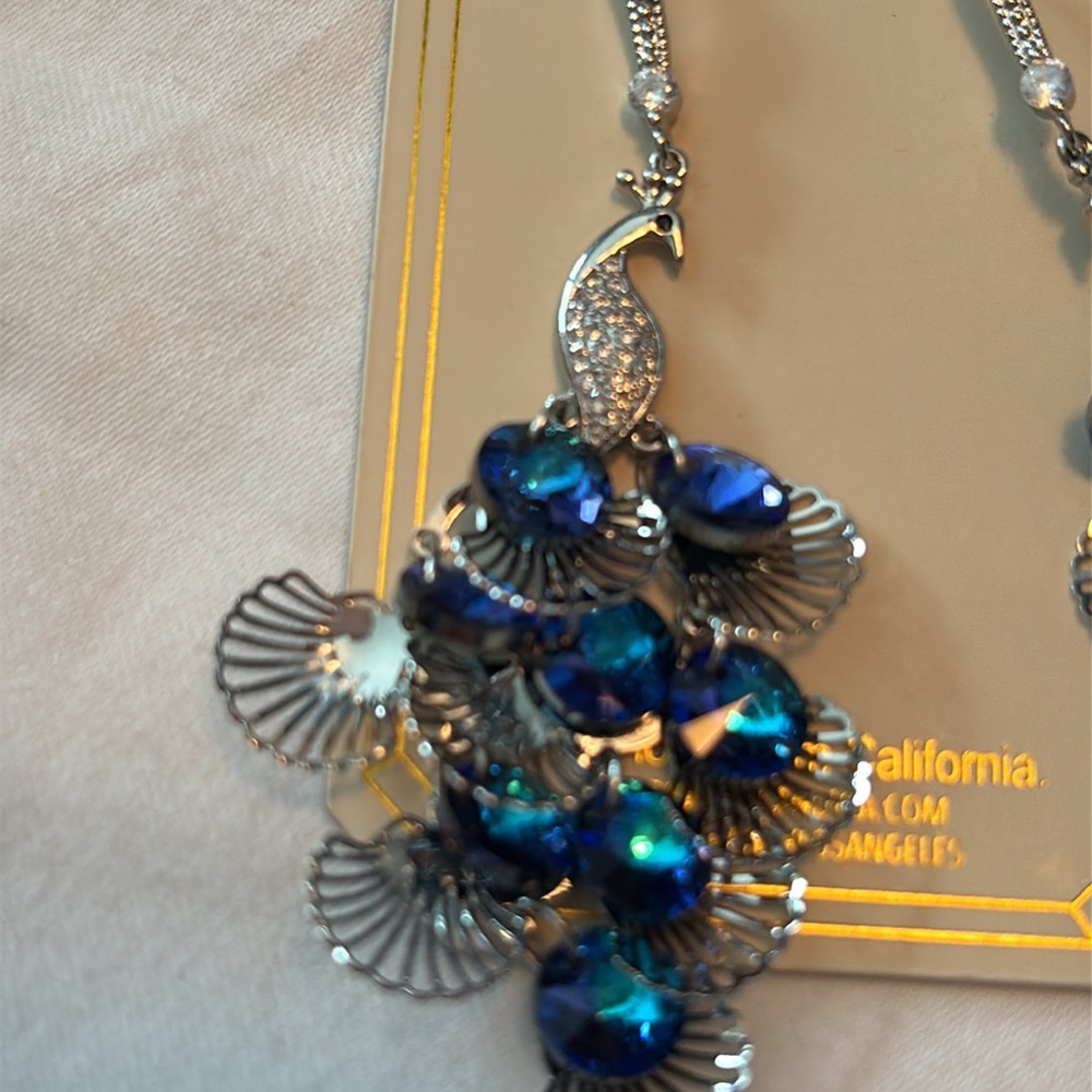 NWT Spectacular Blue and Silver Peacock Earrings - Picture 2 of 4